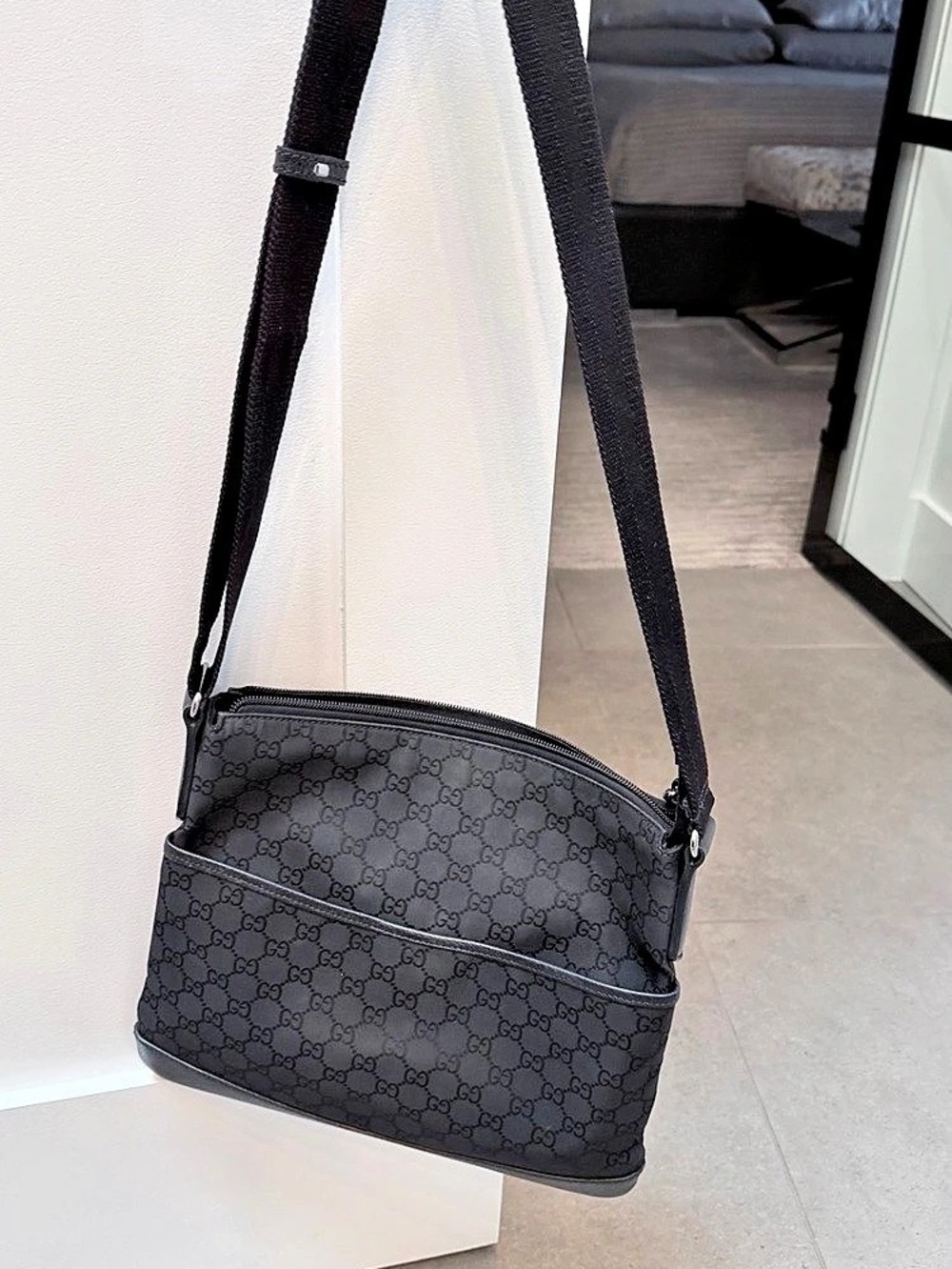 Gucci Black GG Canvas Front Pocket Messenger Crossbody Bag